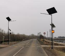 New solar powered street lighting and yellow beacon lights.